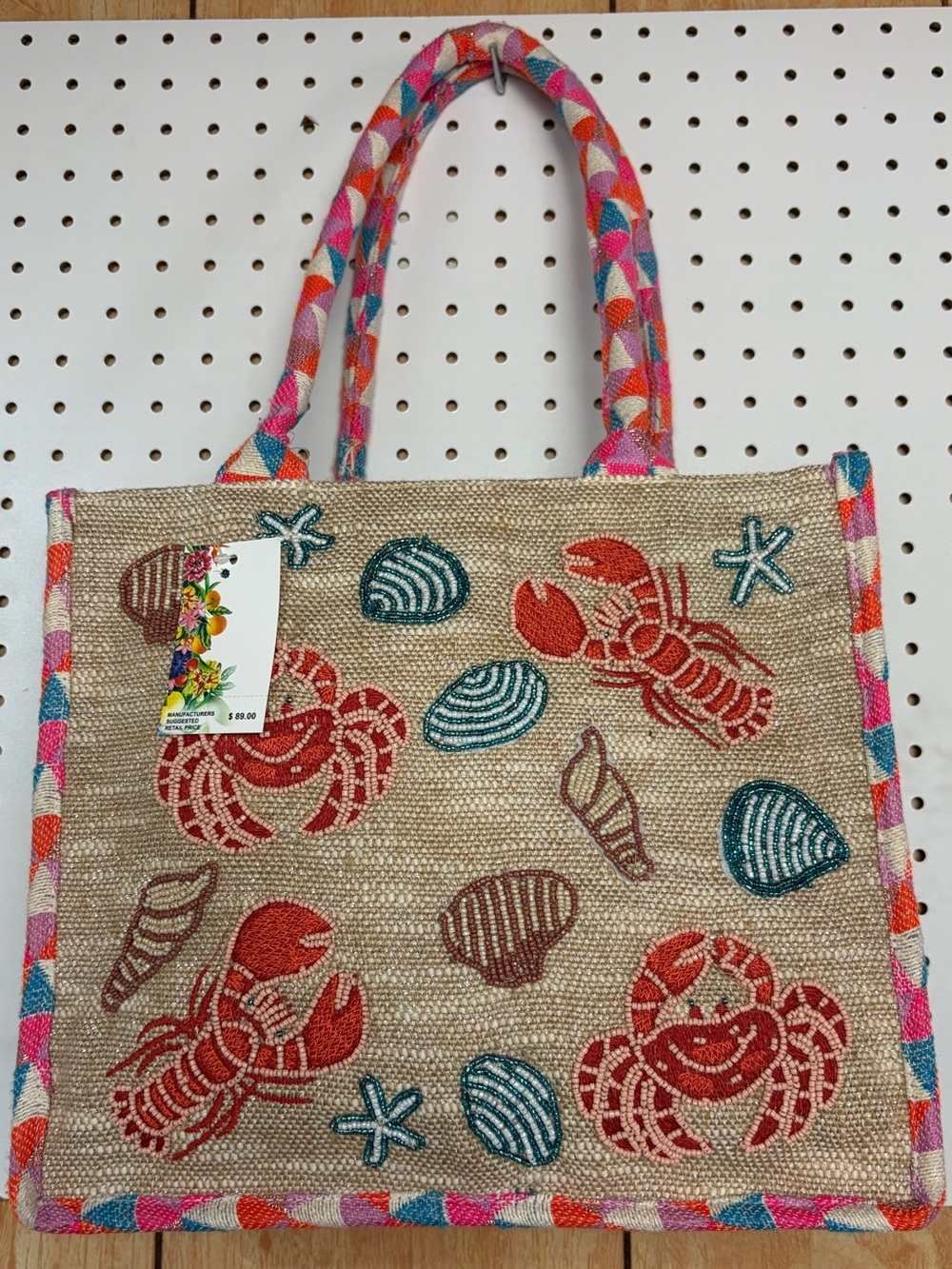 Express Edit Beach Embroidered Tote Bag in Natural with Coral and Teal Accents